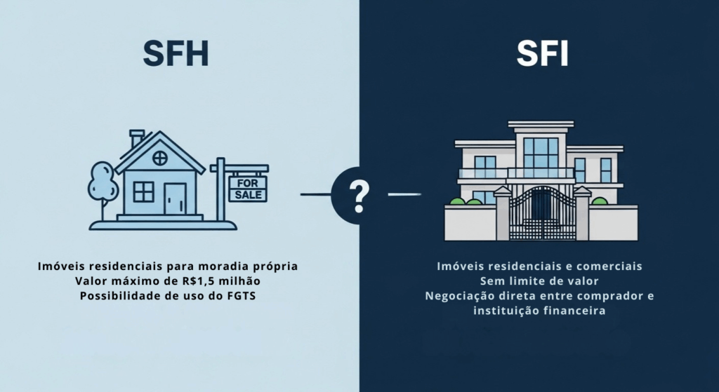 Ilustração comparando SFH e SFI, com informações sobre limites de valor e uso do FGTS em financiamentos imobiliários.