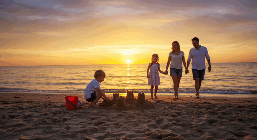 Família com duas crianças aproveitando o pôr do sol na praia, enquanto o menino constrói castelos de areia.