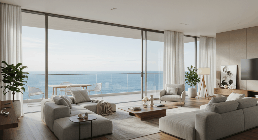 Sala de estar moderna com vista para o mar, decorada com móveis claros, plantas e grandes janelas de vidro.