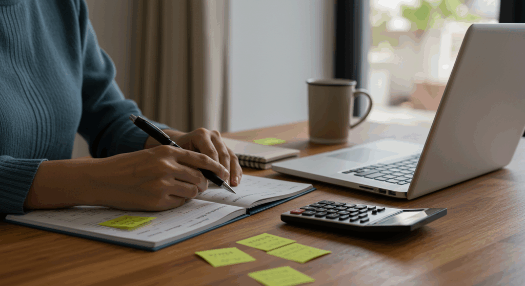 Pessoa escrevendo em caderno ao lado de notebook, calculadora e anotações adesivas, representando planejamento financeiro.