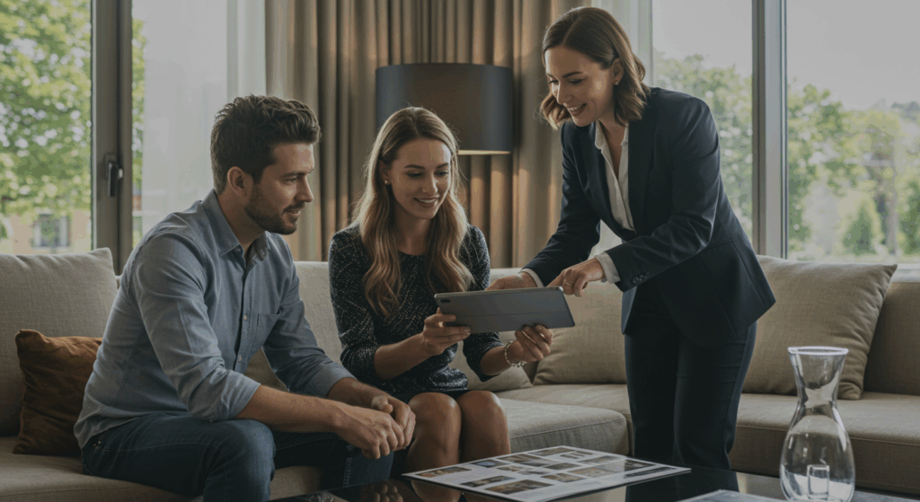Corretora mostrando opções de imóveis em tablet para casal sentado no sofá.
