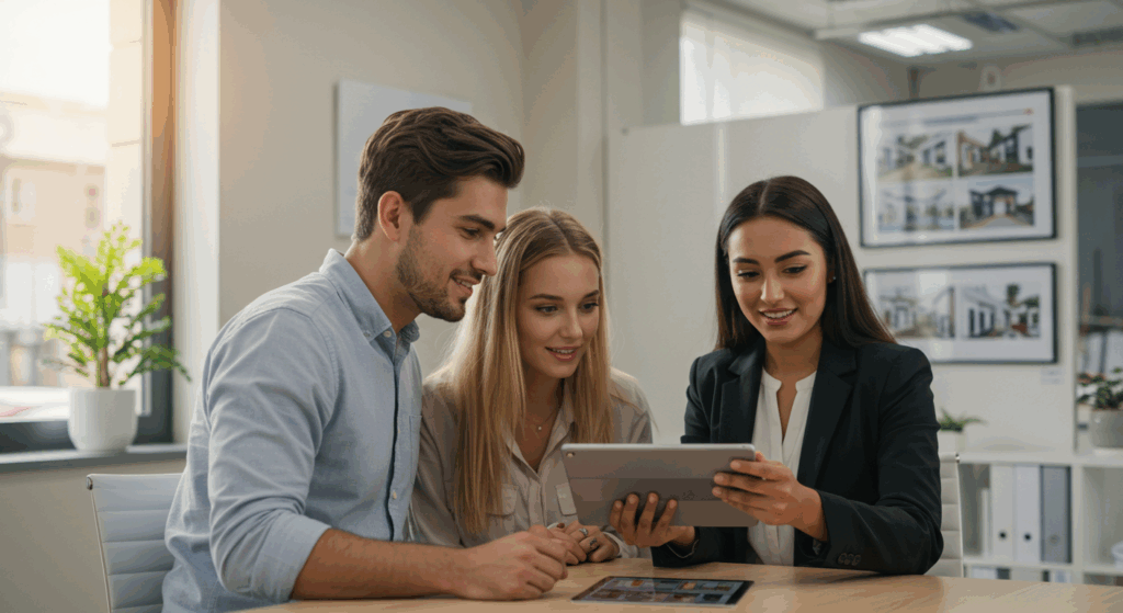 Consultora apresentando imóveis em tablet para casal interessado, em ambiente de escritório.