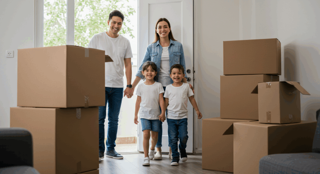 Família com duas crianças entrando sorridente em nova casa, cercada por caixas de mudança.