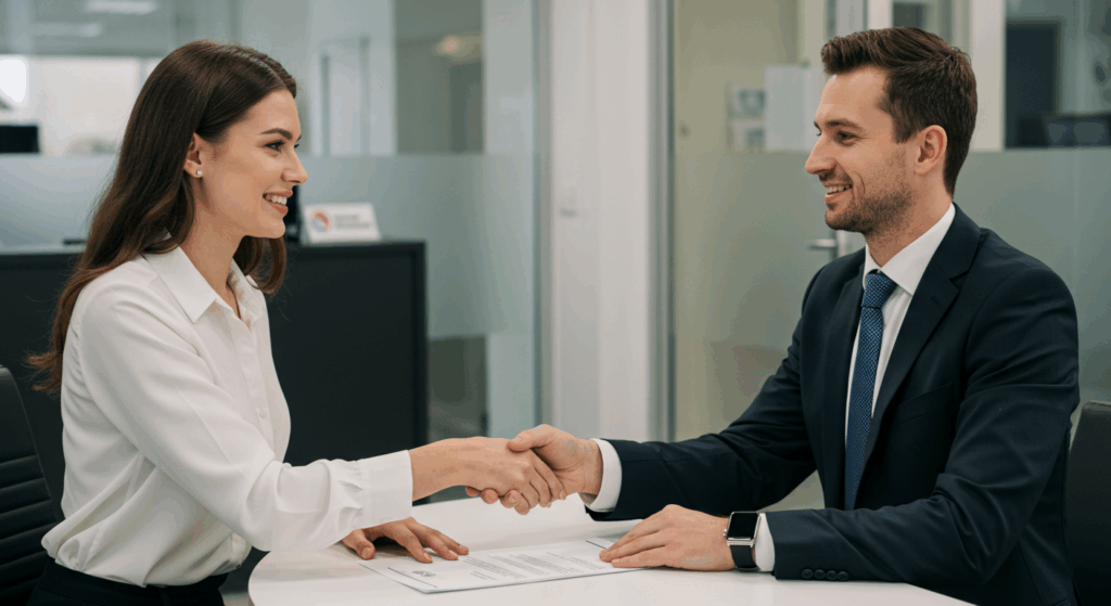 Homem e mulher apertando as mãos em assinatura de contrato, simbolizando acordo fechado.