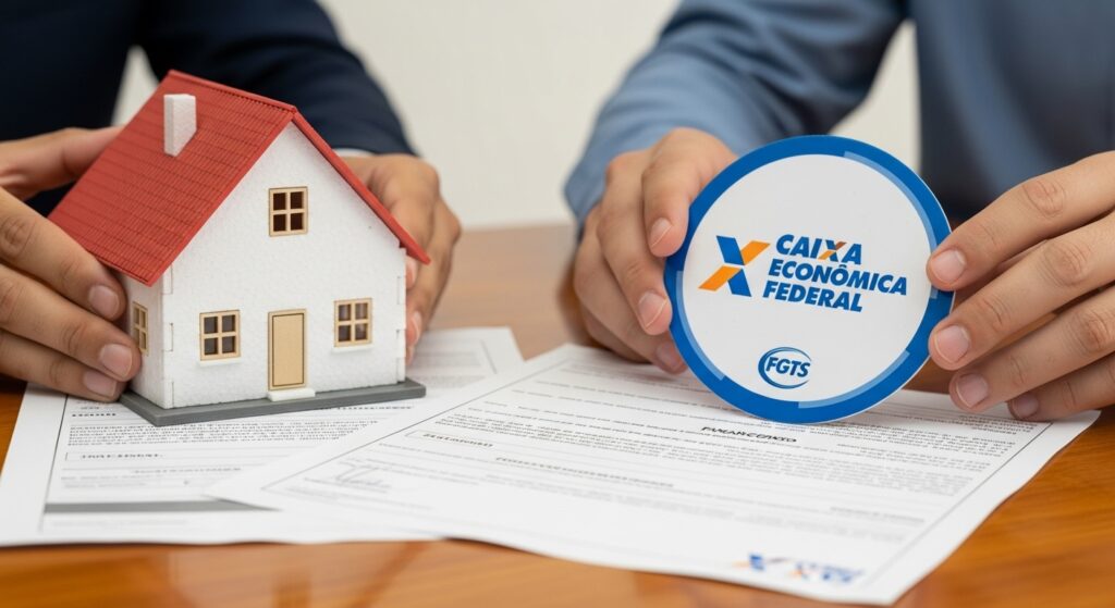 Pessoa segurando maquete de casa ao lado de logotipo da Caixa Econômica Federal e documentos de financiamento.