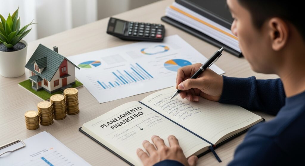 Pessoa fazendo anotações em caderno de “Planejamento Financeiro”, com gráficos, moedas e maquete de casa sobre a mesa.