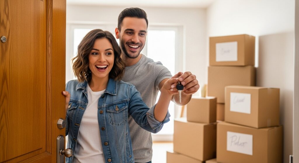 Casal feliz entrando em nova casa com caixas de mudança ao fundo e chave em mãos.