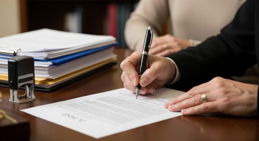 Pessoa assinando documento oficial com carimbo ao lado, simbolizando formalização jurídica.