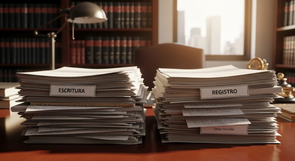 Pilhas de documentos com etiquetas “Escritura” e “Registro” em mesa de escritório.