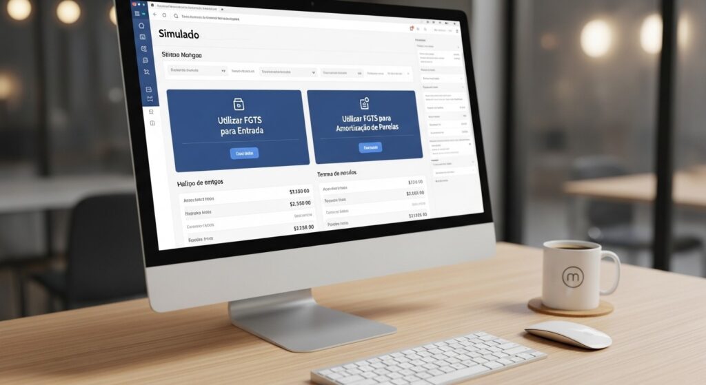 Simulação de uso do FGTS para compra de imóvel exibida em tela de computador.