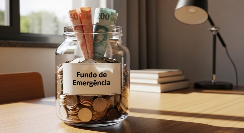 Pote de vidro rotulado “Fundo de Emergência” cheio de moedas e cédulas de real, sobre mesa de madeira.