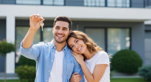 Casal sorridente em frente à casa nova, com chave em mãos, simbolizando conquista do imóvel próprio.