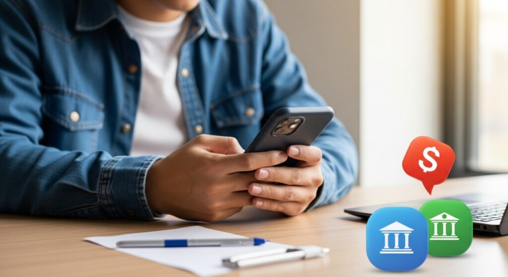 Jovem usando celular com ícones de banco e dinheiro flutuando, simbolizando transações financeiras digitais.