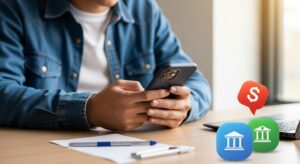 Jovem usando celular com ícones de banco e dinheiro flutuando, simbolizando transações financeiras digitais.