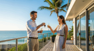 Casal celebrando a compra de uma casa à beira-mar, brindando com taças e chave na mão.