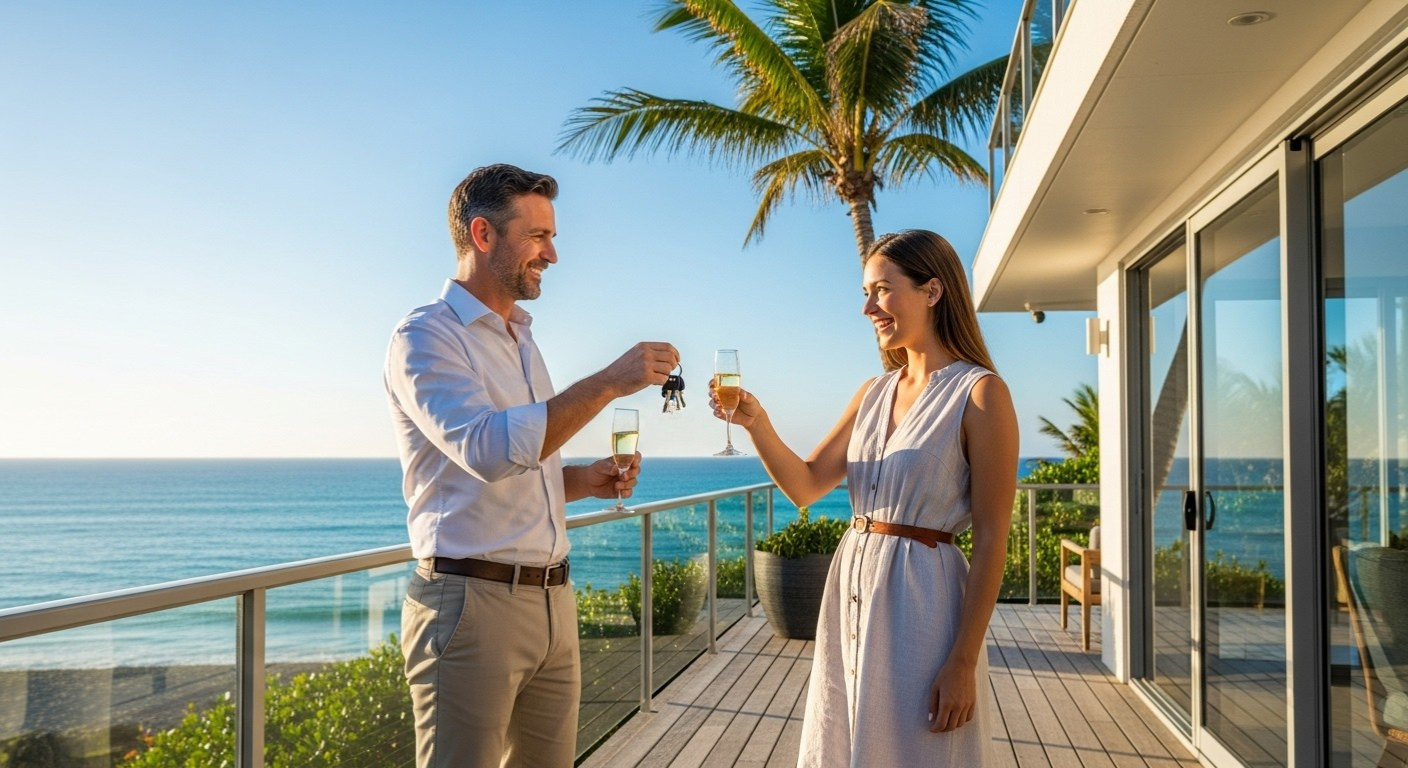 Casal celebrando a compra de uma casa à beira-mar, brindando com taças e chave na mão.