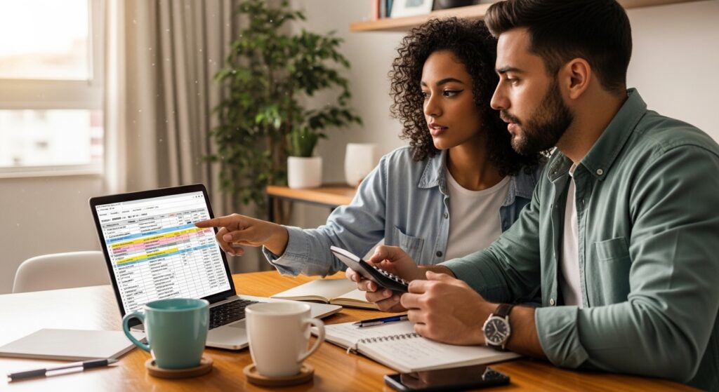 Casal analisando informações financeiras e planilhas em um laptop, provavelmente avaliando alternativas de pagamento de um imóvel.