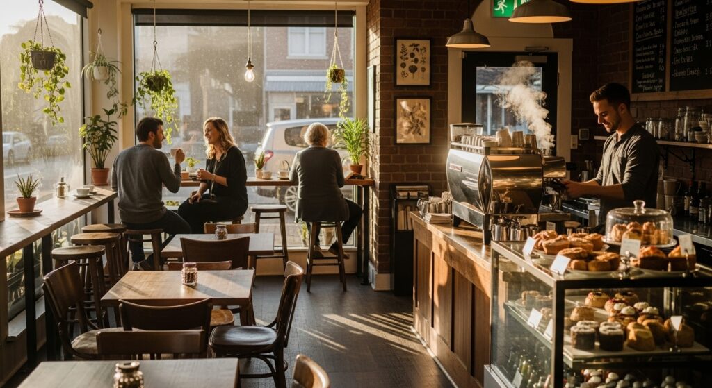 Interior de um café aconchegante, com clientes sentados conversando e um barista preparando café, enquanto a luz do sol entra pelas janelas.