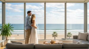 Casal em frente a janelas panorâmicas observando a praia e o mar em sala com vista privilegiada.