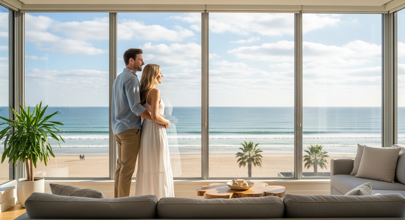 Casal em frente a janelas panorâmicas observando a praia e o mar em sala com vista privilegiada.