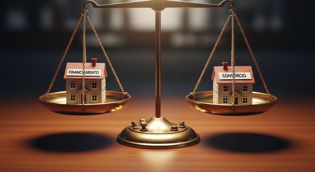 Uma balança comparando financiamento e consórcio, simbolizando a análise de qual opção é mais vantajosa.