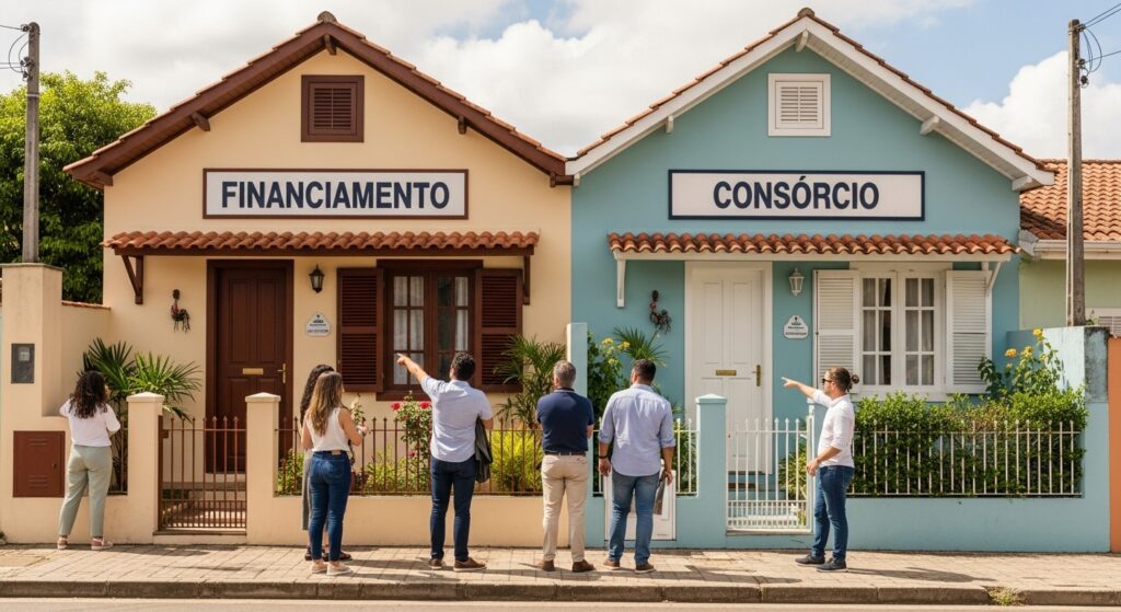Fachadas de duas casas, uma marcada como “Financiamento” e outra como “Consórcio”, com pessoas observando e comparando as opções.