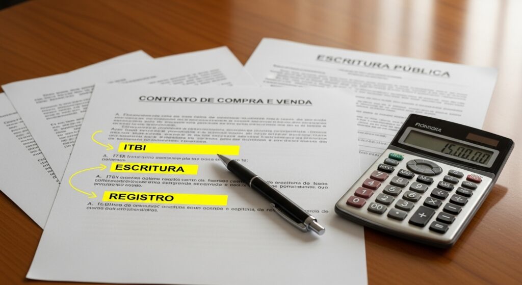 Documentos de compra e venda com calculadora, destacando custos como ITBI, escritura e registro, enfatizando a importância de considerar taxas e tributos.