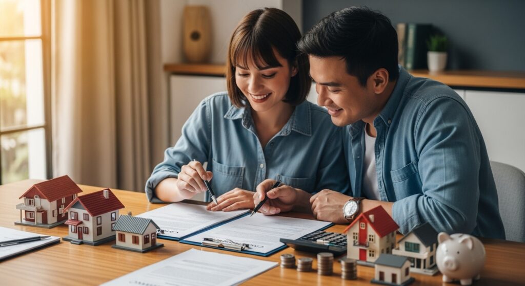 Casal sorrindo e assinando documentos de compra de imóvel, com modelos de casas e dinheiro ao redor.