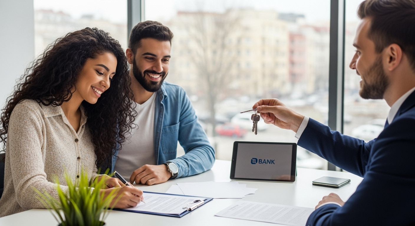 Um casal recebendo as chaves de um imóvel de um agente bancário, indicando a conclusão do processo de compra.