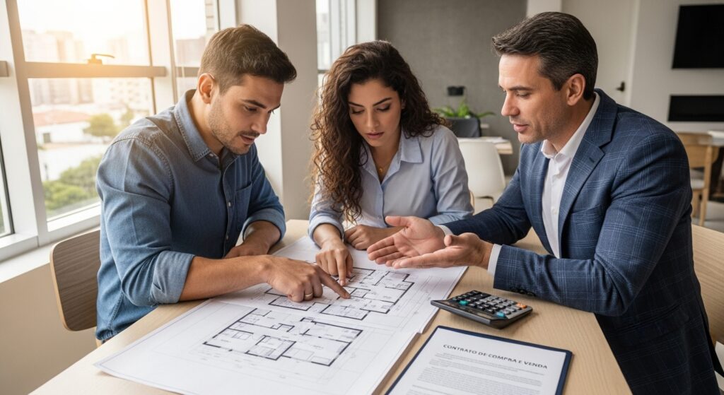 Um casal analisando plantas e documentos com um consultor, planejando o financiamento ou a compra do imóvel.