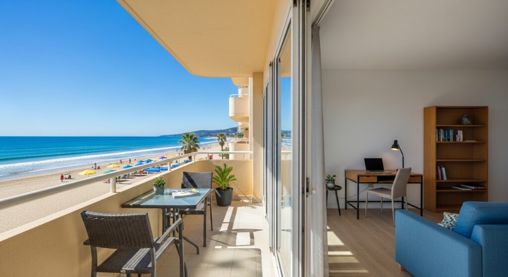 Alt text disse: Vista de um apartamento à beira-mar com varanda, mesa e cadeiras, com o mar e a praia ao fundo.