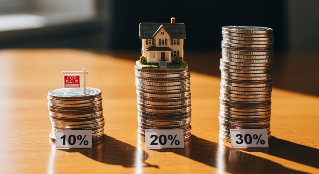 Pilhas de moedas com porcentagens (10%, 20%, 30%) e uma casa sobre a de 20%, representando diferentes opções de entrada para compra.
