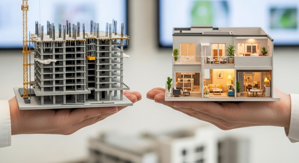 Duas mãos seguram maquetes: à esquerda, um prédio em construção com estrutura de concreto e guindaste; à direita, um apartamento moderno totalmente decorado, representando comparação entre obra em andamento e projeto finalizado.