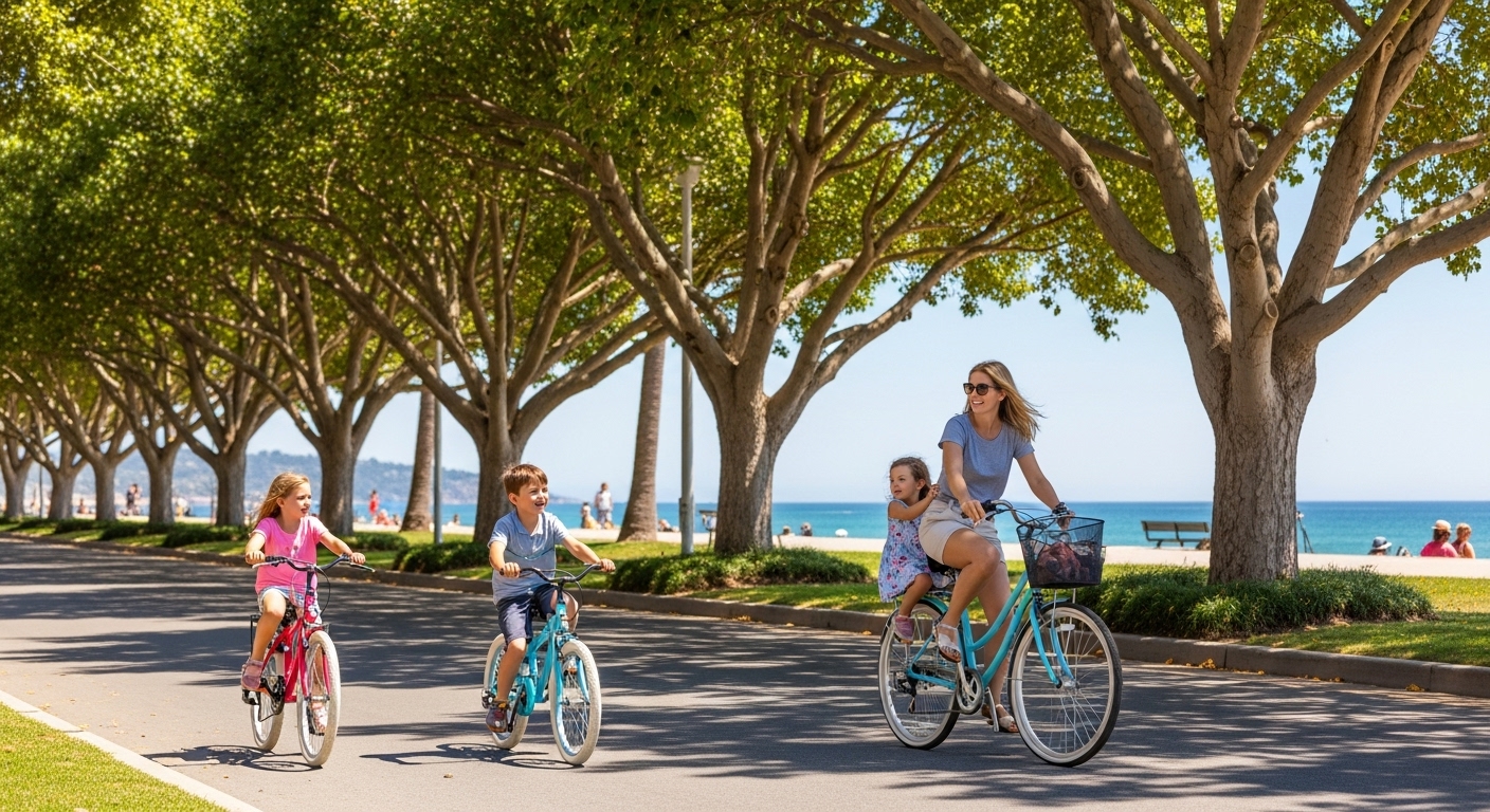 Família andando de bicicleta ao longo de um calçadão arborizado com vista para o mar em um dia ensolarado.