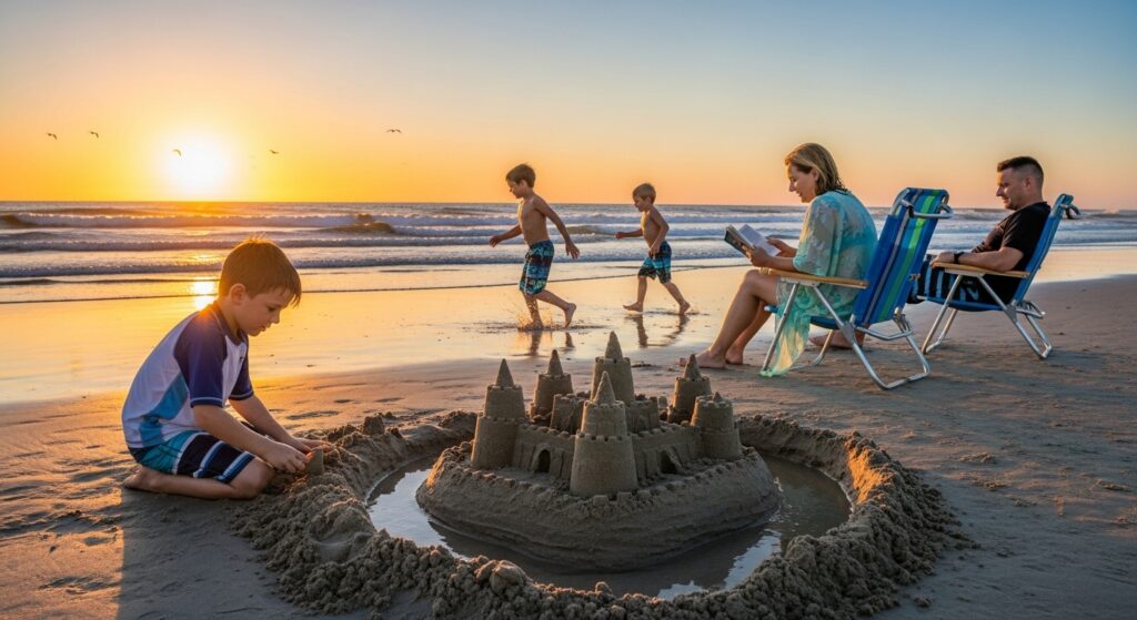 Crianças brincando na praia ao entardecer, com uma torre de castelo de areia sendo construída por um menino e outros correndo ao fundo, enquanto adultos relaxam nas cadeiras de praia.