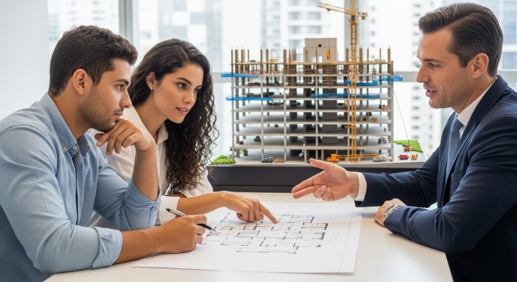 Casal consultando um corretor de imóveis, analisando maquete de um prédio em construção e discutindo detalhes do projeto.