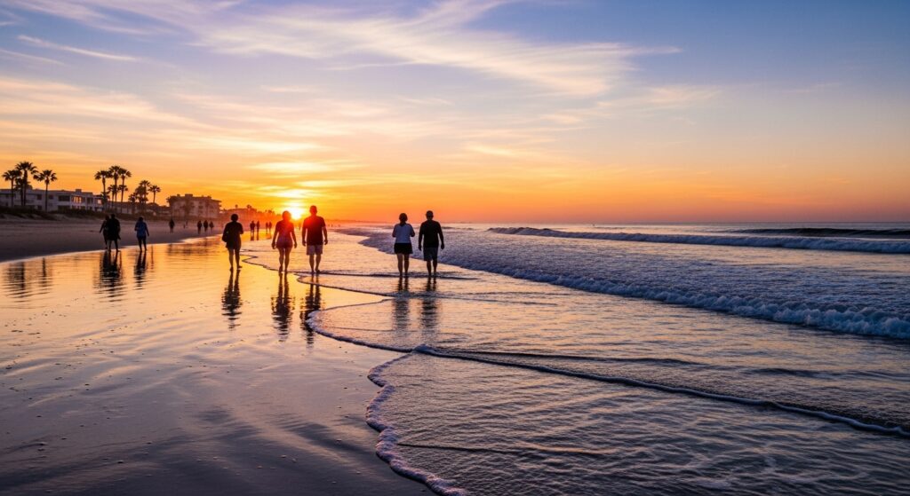Pessoas caminhando na beira da praia ao pôr do sol, com a luz dourada refletindo nas ondas e criando silhuetas.