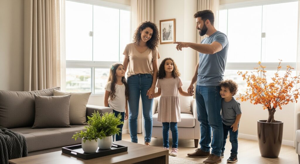 Família com duas crianças pequenas sendo apresentada a um apartamento, possivelmente durante uma visita guiada ou tour de imóvel.