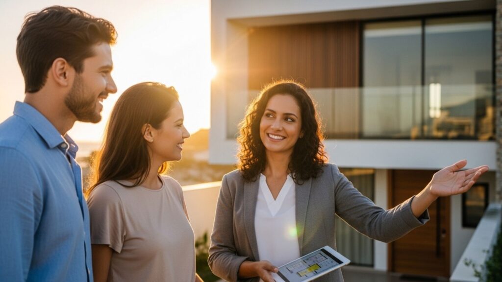 Consultora imobiliária mostrando um imóvel para um casal ao ar livre durante o pôr do sol, com uma vista de uma casa moderna ao fundo.