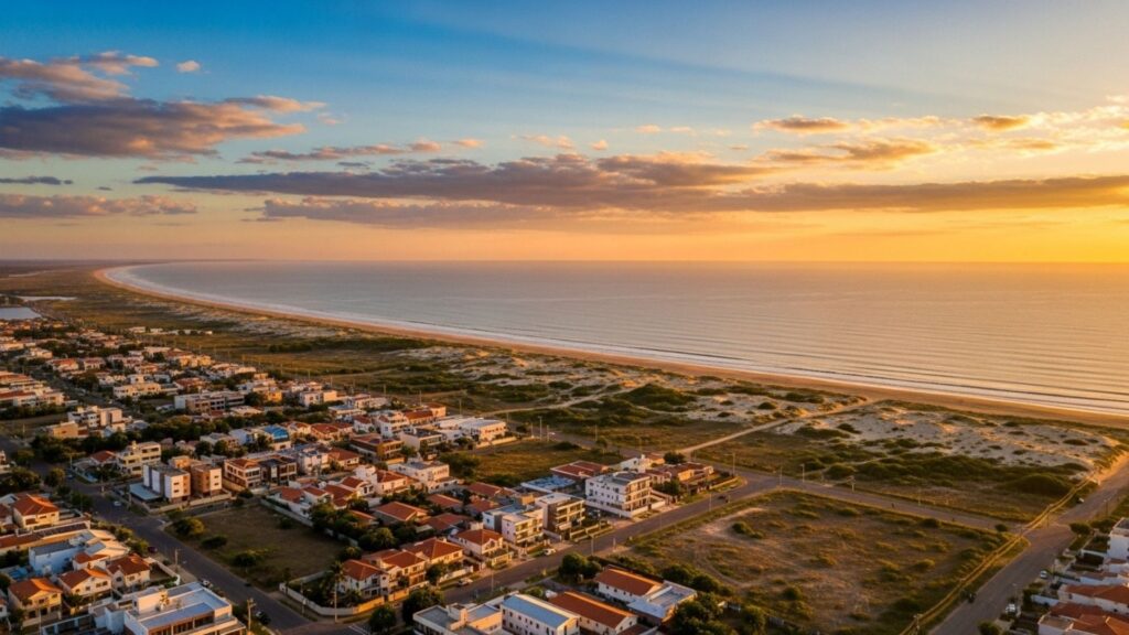 Vista aérea de uma praia com uma linha costeira e casas ao longo da orla, capturada ao entardecer com belas cores no céu.