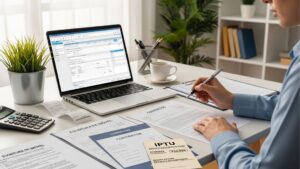 Mesa de trabalho com contrato, escritura de imóvel, recibos e IPTU, enquanto uma pessoa faz anotações no computador e nos papéis.