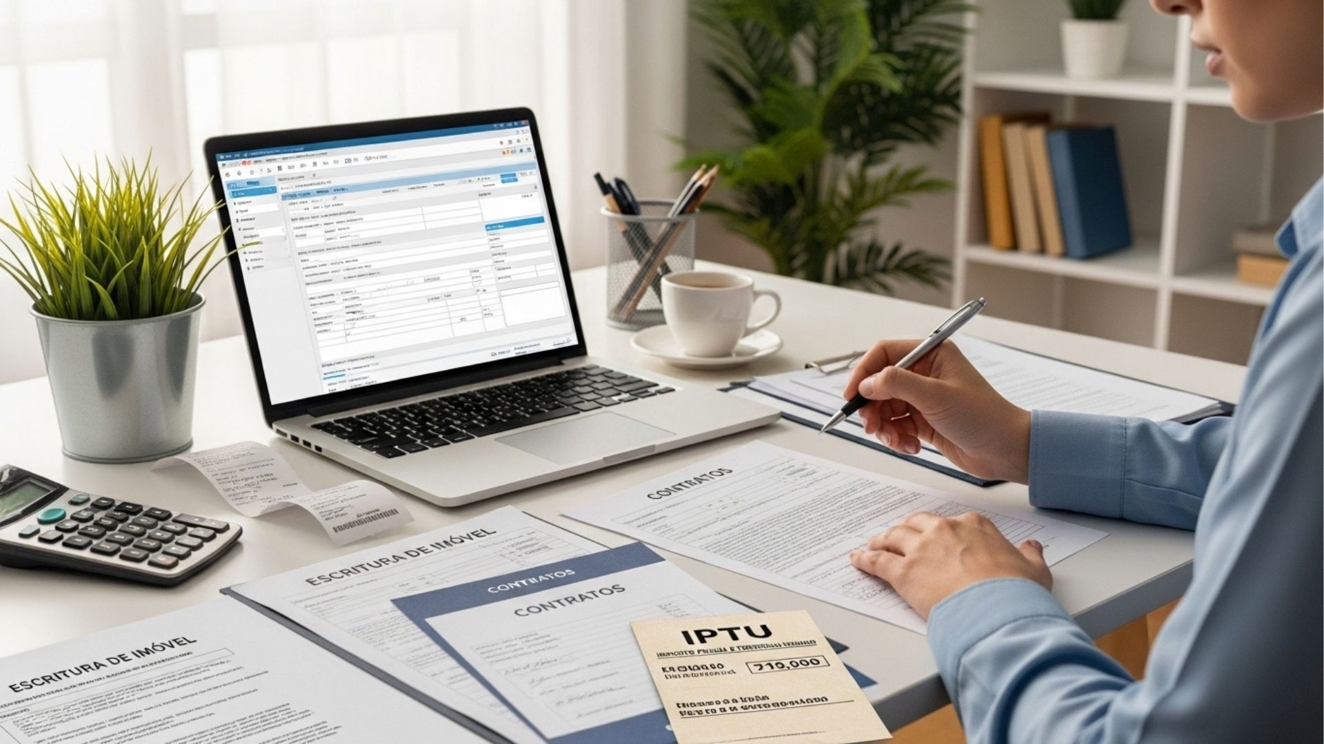 Mesa de trabalho com contrato, escritura de imóvel, recibos e IPTU, enquanto uma pessoa faz anotações no computador e nos papéis.