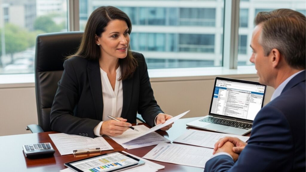 Profissional reunido com cliente, discutindo documentos financeiros ou tributários.