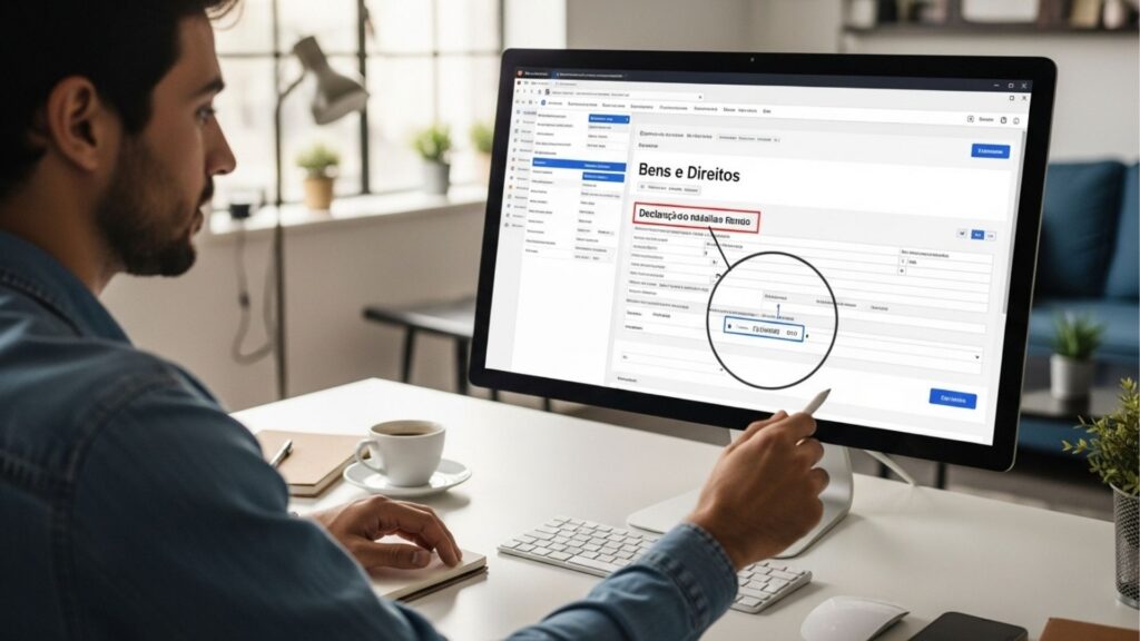Pessoa usando computador para preencher ou revisar formulários digitais de bens e direitos, possivelmente para declaração fiscal.