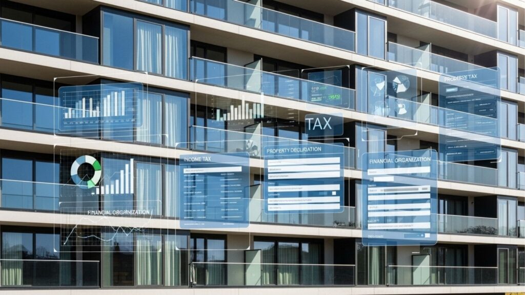 Fachada de prédio com sobreposição de gráficos e formulários digitais indicando controle de dados financeiros e declarações de propriedade.