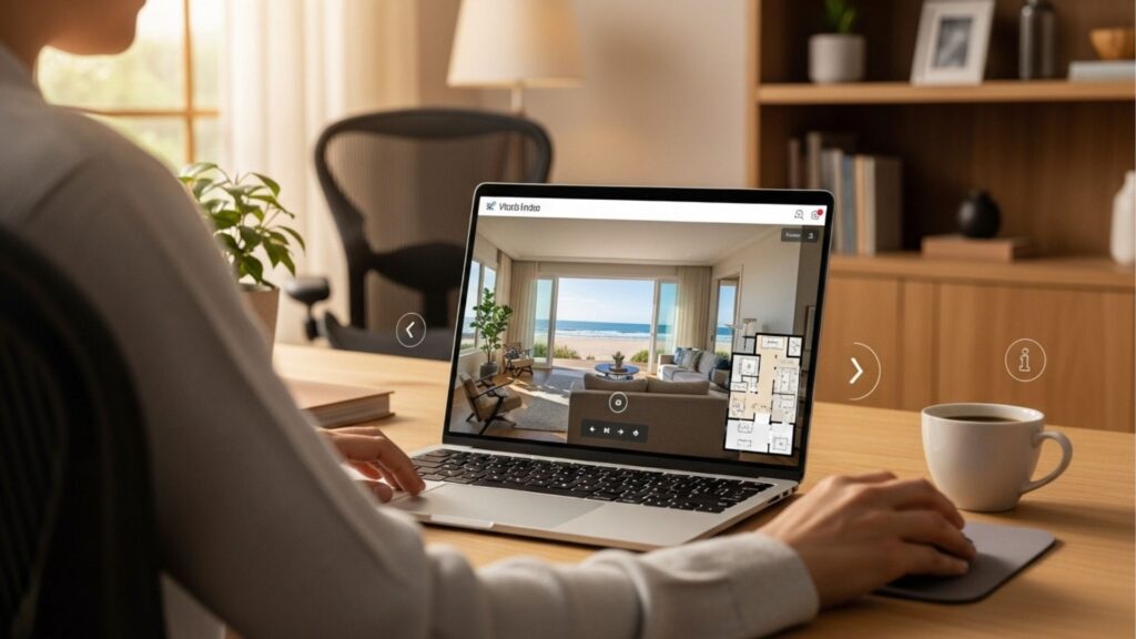 Pessoa visualizando uma visita virtual de um imóvel à beira-mar em seu laptop, enquanto toma um café em um ambiente de trabalho.
