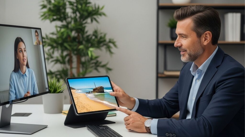 Profissional em uma videoconferência mostrando uma imagem de uma praia em seu tablet, enquanto conversa com uma cliente.