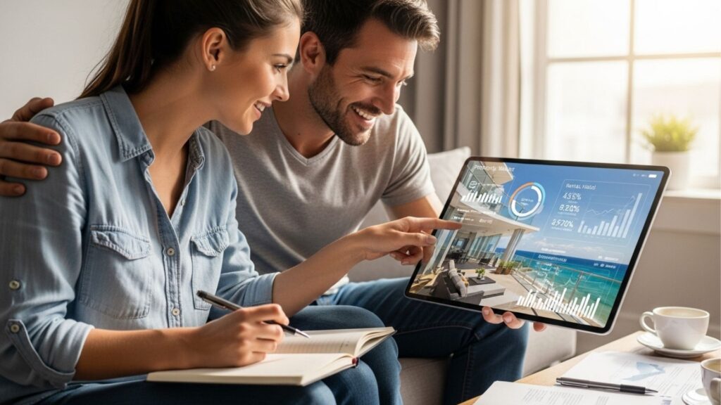 Casal sorrindo e interagindo com uma apresentação digital de imóveis e gráficos em um tablet, enquanto discutem sobre a compra de uma casa.