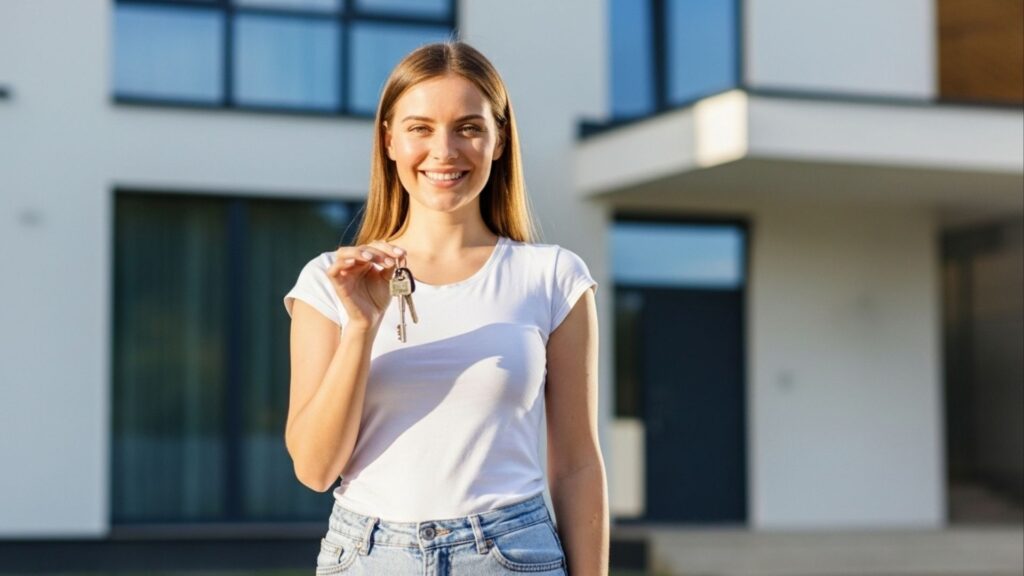 Mulher segurando chaves em frente a casa moderna, simbolizando nova conquista imobiliária.
