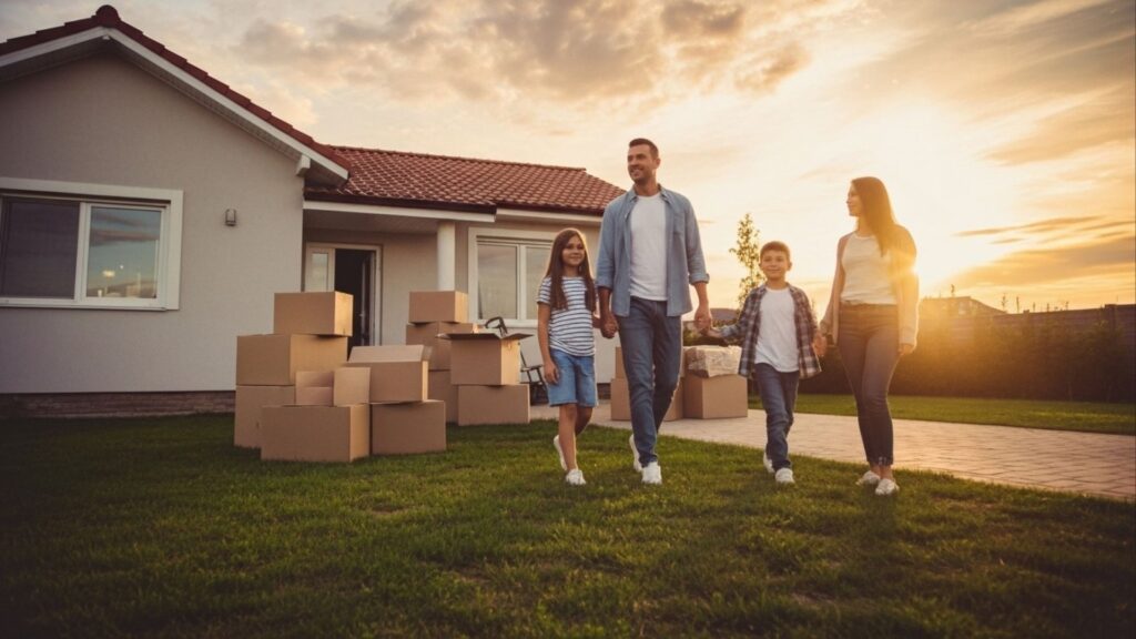 Família com duas crianças em frente a casa térrea, rodeada por caixas de mudança ao pôr do sol.